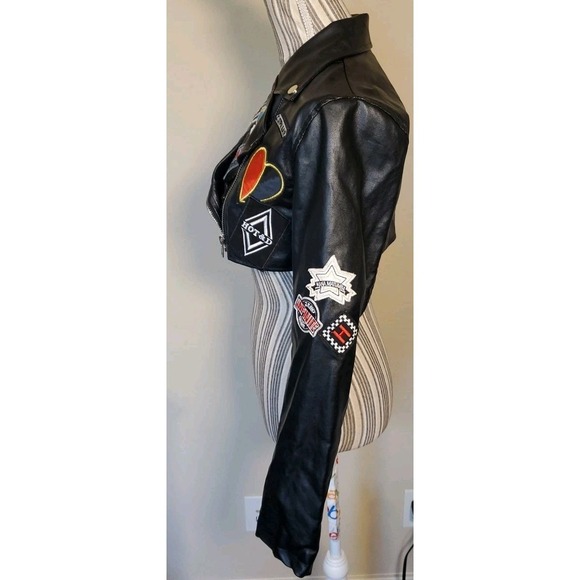 Hot & Delicious Faux Leather Jacket SMALL Cropped Punk Biker Patches Moto - Picture 3 of 16